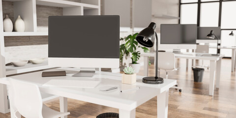 Modern office with computers mockup. Black screen. 3d illustration