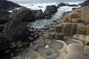 The Giant's Causeway in Northern Ireland, hexagonal rocks on the coast.