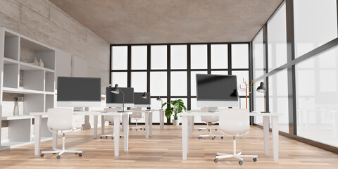 Fototapeta na wymiar Modern office with computers mockup. Black screen. 3d illustration