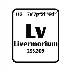Livermorium (, ) button on black and white background on the periodic table of elements with atomic number or a chemistry science concept or experiment.