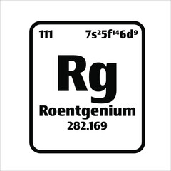 Roentgenium (Rg) button on black and white background on the periodic table of elements with atomic number or a chemistry science concept or experiment.	