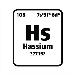 Hassium (Hs) button on black and white background on the periodic table of elements with atomic number or a chemistry science concept or experiment.	