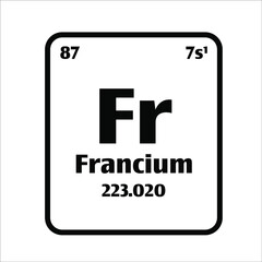 Francium (Fr) button on black and white background on the periodic table of elements with atomic number or a chemistry science concept or experiment.	