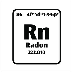 Radon (Rn) button on black and white background on the periodic table of elements with atomic number or a chemistry science concept or experiment.	