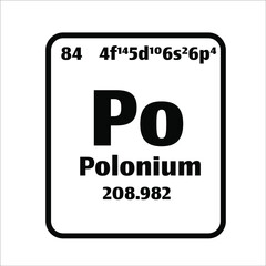 Polonium (Po) button on black and white background on the periodic table of elements with atomic number or a chemistry science concept or experiment.	