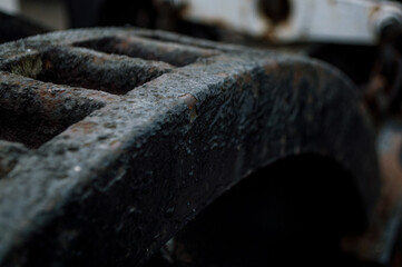 Close up of rusty industrial mechanical components. 