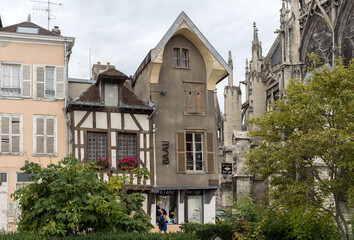  View of old town in Troyes - capital of Aube department in Champagne region. France. Many half-timbered houses (mainly of 16th century) survive in old town
