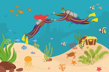 Diver couple diving adventure at sea, vector illustration. Man woman character cartoon recreation in ocean, aquatic design activity. Extreme deep underwater tourism with dive equipment.