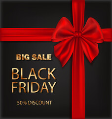 Black Friday sale banner. Dark background golden text lettering with a big ribbon bow.