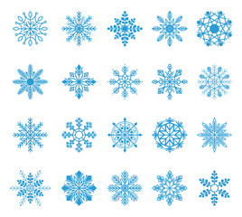 Set of snowflakes. Winter blue christmas snow flake crystal element. Weather illustration ice collection. Xmas frost flat isolated silhouette