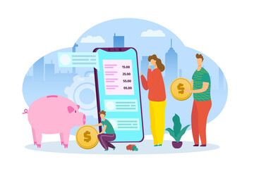 Family budget at smartphone, financial banking app vector illustration. Flat money calculator banner design, expense and cash income. Bank business payment concept, online household finance.