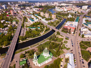 Aerial view of city of Oryol with bulidings and river, Russia region