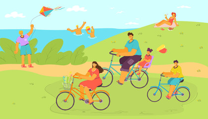 Holiday bike ride at cartoon nature with water, family at vacation vector illustration. People man woman travel, outdoor trip. Flat happy person at bicycle, riding transport with wheel.
