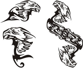 Scary black and white eagle symbols tattoo. Flaming bald eagle symbols of power for emblems, tattoos, logos, embroidery, engraving, textiles, labels, prints on t-shirts, vinyl cutting, wallpaper, etc.