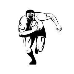 Rugby Player Running With Ball Viewed from Front Retro Woodcut Black and White