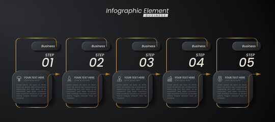 Dark gold elegant infographic 3d vector template with a steps for success. Presentation with line elements icons. Business concept design can be used for web, brochure, diagram, chart or banner layout