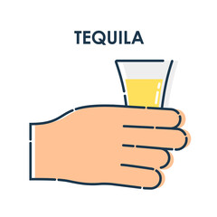 Male hand holding a glass of tequila. Line art design element on white background. Fingers human with a stack with strong alcohol. Concept of time to drink alcohol. Modern graphic style illustration