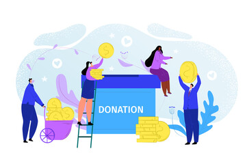Charity money donate concept, flat donation help vector illustration. People character give community finance in box for care design. Social coin support banner, volunteer share cartoon fund.