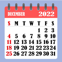 Letter calendar for December 2022. The week begins on Sunday. Time, planning and schedule concept. Flat design. Removable calendar for the month. Vector