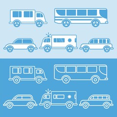 Cars, ambulance with siren, bus. Vector set