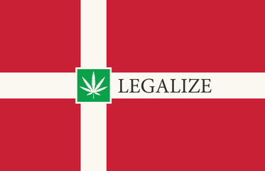 Banner in the form of the Danish flag with a hemp leaf. The concept of legalizing marijuana, cannabis in Denmark. Medical legalization of cannabis. Drug use. Smoking weed