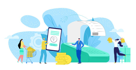 Payment money at terminal by mobile nfc transaction technology concept vector illustration. Electronic digital pay by card, online pos banking design. Flat paying by commercial wireless device.