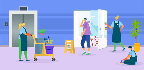 Cleaner service vector illustration. Professional man woman worker, cleaning group people in uniform work for cartoon company. Flat person with equipment at office floor, cleanup and hygiene.