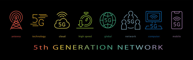 5Gネットワーク　ネオンカラーのラインアイコン