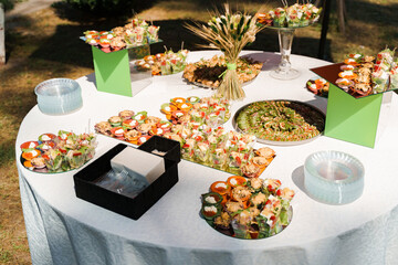 Meat canapes on white table on catering for company. Starter food for beginning of wedding ceremony. Advert for restaurants and cafe.