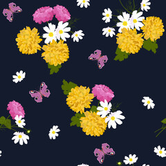 Seamless vector illustration with yellow chrysanthemums and butterfly