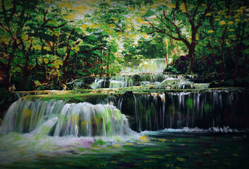 Art Oil painting Fine art color Beautiful waterfalls in Thailand