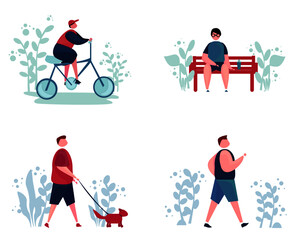 set illustration of activities in the park in the morning. walking with pet, relaxing, running, biking