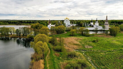 Fototapeta na wymiar Aerial view of St. Joseph Volokolamsk (Iosifo-Volotsky) Monastery in May. The Cathedral of the Dormition, Volokolamsk district, Russia