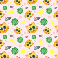 Seamless pattern with a funny cat, a ball of thread, a gray mouse. Creative children's texture. Watercolor illustrations on a pink background. For fabric, textiles, websites, wallpaper, packaging.