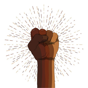 Raised fist in different skin colors on a white background. Black lives matter. Sticker, patch, t-shirt print, logo design. The fight for the human rights.