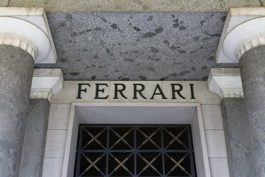 Modena, Italy, monumental tomb of Enzo Ferrari and his family, detail of the name