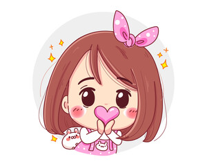 Character of cute girl holding pink heart in hands with happy valentines day isolated on white background.