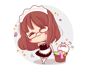 Character of cute girl wearing maid uniform with sexy posting isolated on white background.