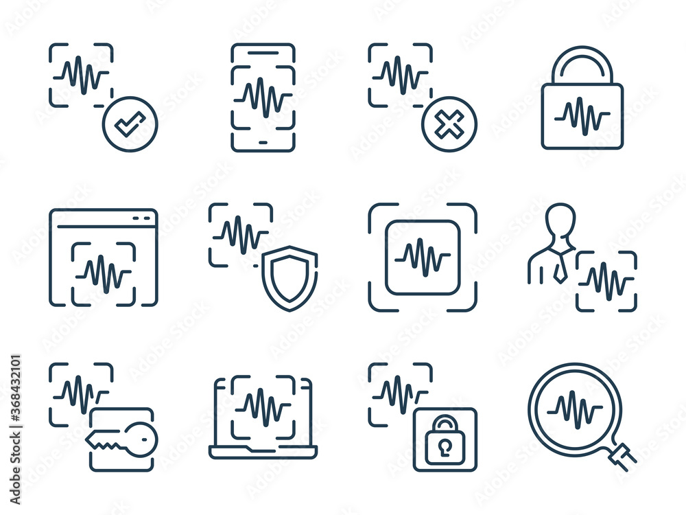 Poster voice recognition related vector line icon set. voice assistant outline icons. voice authentication 