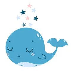 Foto auf Acrylglas Flache Vektorillustration des niedlichen Cartoon-Blau- und Rosawals mit Sternen. Farbabbildung eines Wals im Doodle-Stil. © Bonbonny