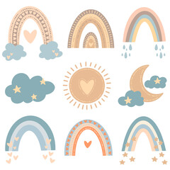 Flat vector illustration of cute cartoon rainbows in colored doodle style. Weather illustration set.