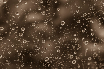 Drops of water on a window pane, raindrops on a window, abstract, black and white photo