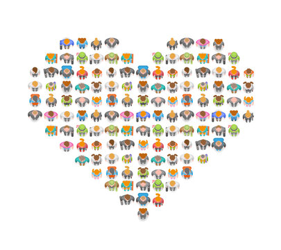 People crowd in the shape of Valentine's heart. Top view. Different men and women stand in the shape of a heart. View from above.