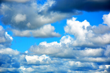 White light clouds on a blue sky on a clear Sunny day. Beautiful atmospheric phenomenon. Natural horizontal background.
