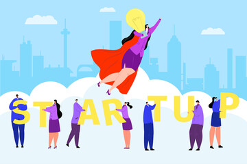 Business startup concept, man woman success work people vector illustration. Flat hero leader character with creative idea. Cartoon career design, background successful strategy solution.