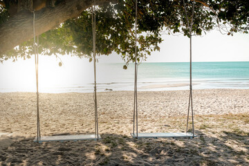 Wooden swing under tree on the beach