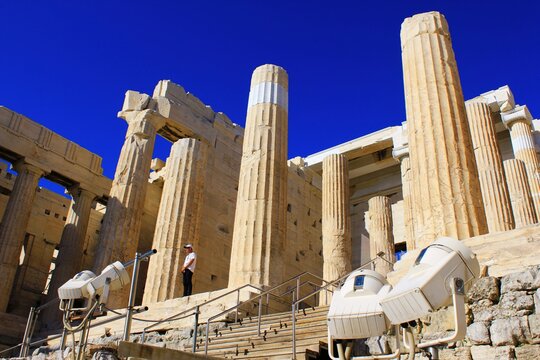Greece, Athens, June 16 2020 - View of Propylaea, the monumental entrance to the Acropolis of Athens.