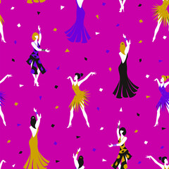 Professional women dancers in a performing dresses seamless pattern. Flat colorful illustration