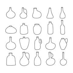 A collection of hand-drawn vases and bottles of various shapes. Vases and pitchers for interior decoration, flowers and drinks.Drawing in the thin line style.Vector illustration.