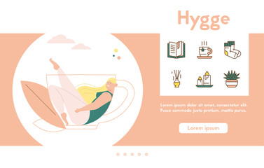 Vector banner of hygge lifestyle, color linear icon set